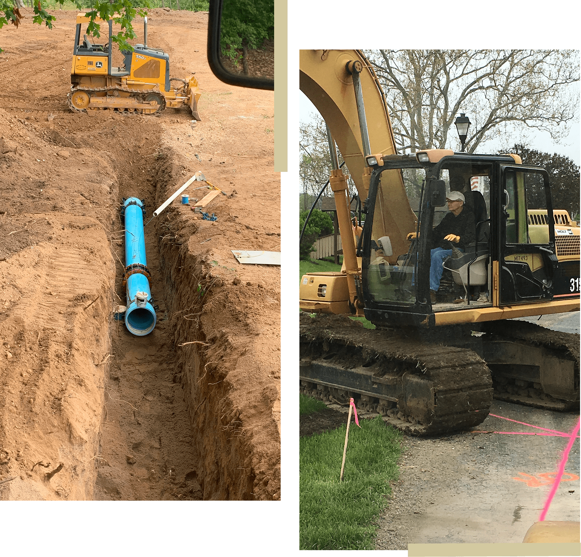Construction site with machinery and blue pipe.