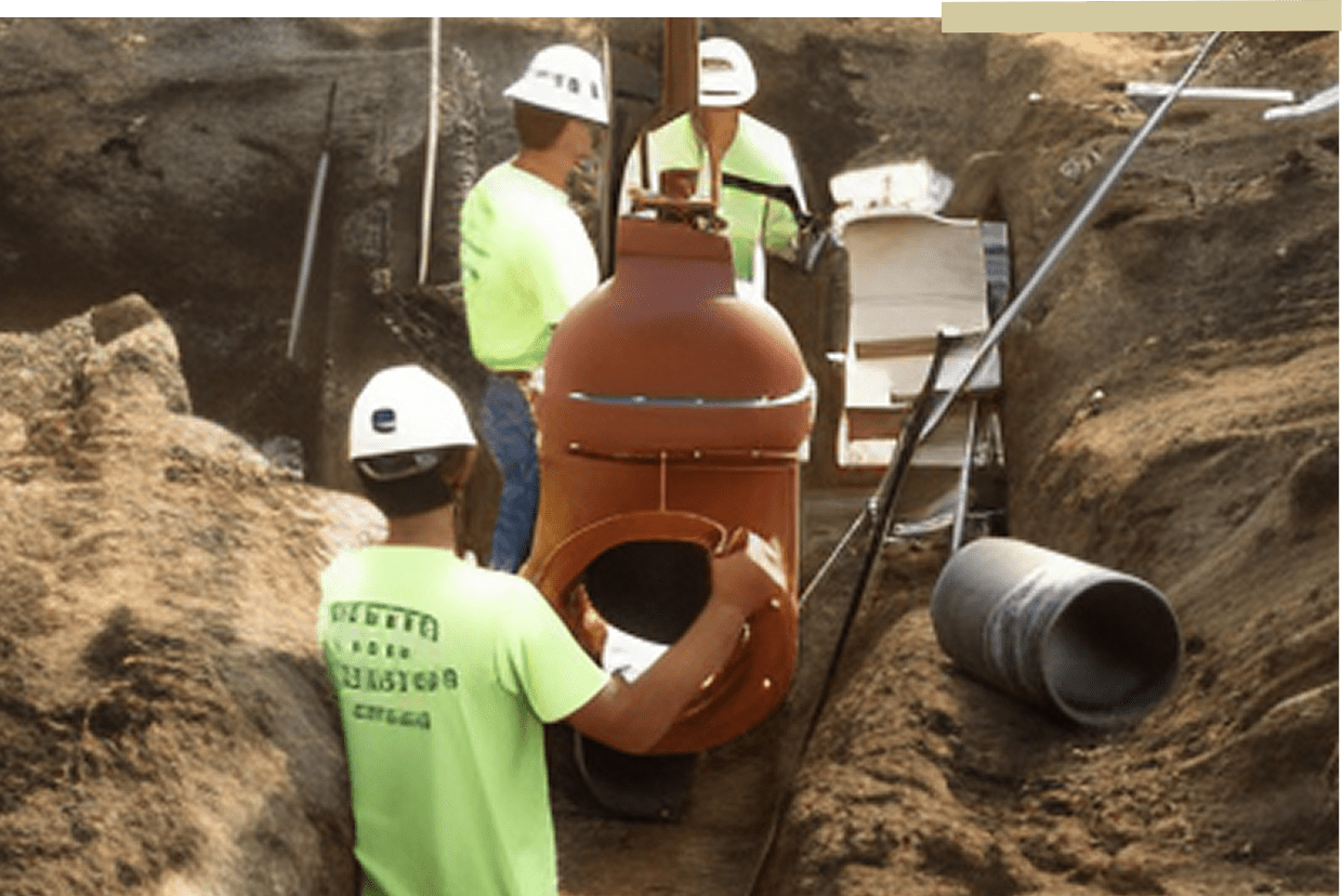 Workers installing underground pipeline in trench.