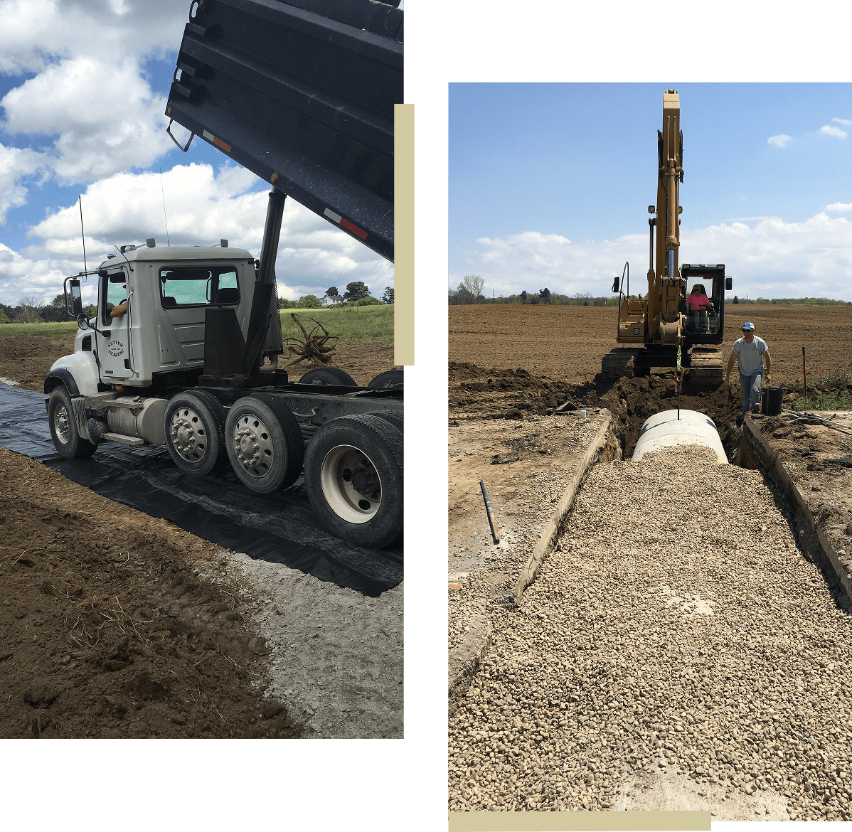 Dump truck and excavator at construction site.