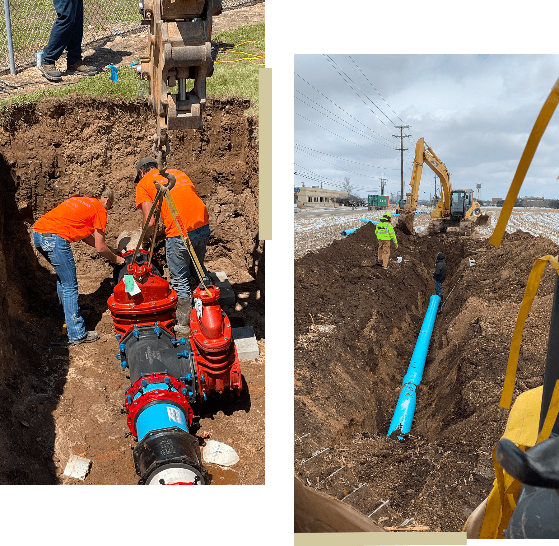 Workers installing pipes in construction trenches.